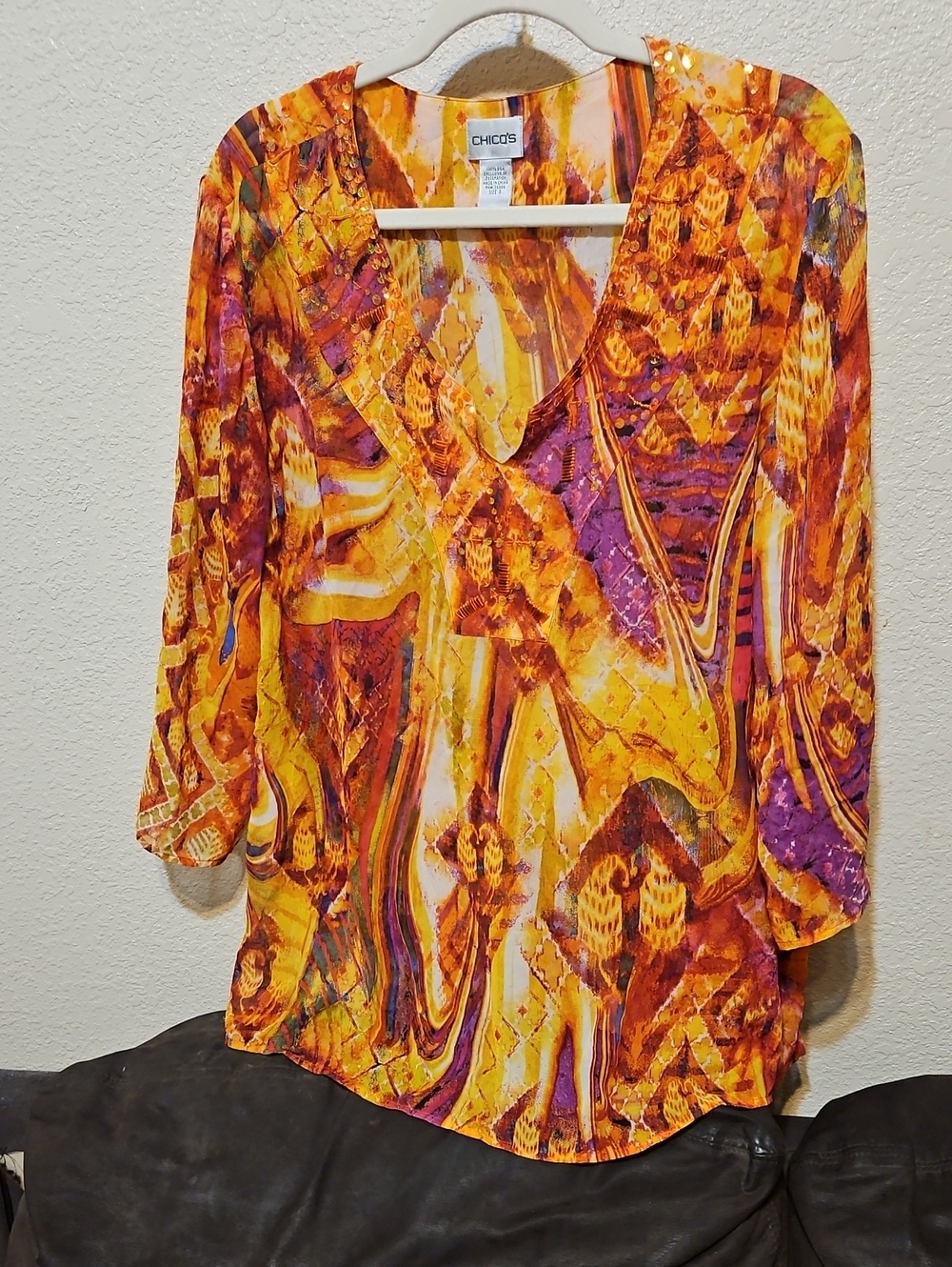 Chico's 100% Silk Abstract V-Neck Tunic in Orange and Purple